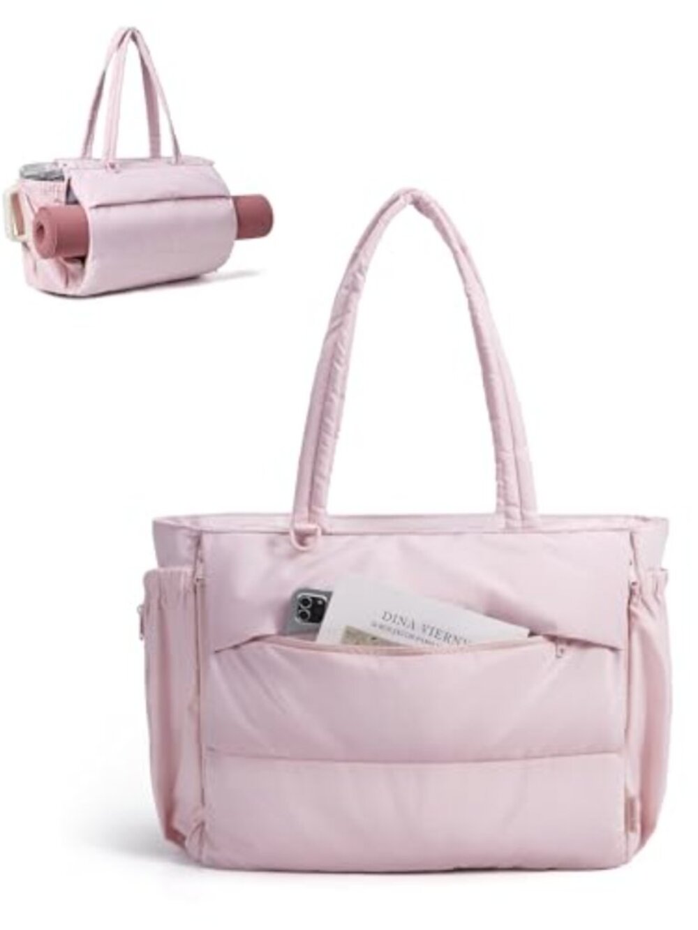 Quilted Nylon Yoga Tote Gym Bag with Bottle Pocket, 22L